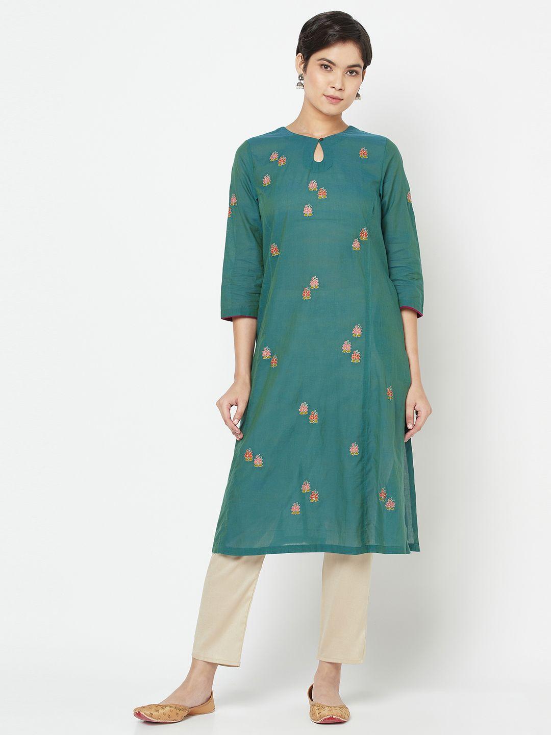 fabindia women teal green & pink floral embroidered keyhole neck straight kurta