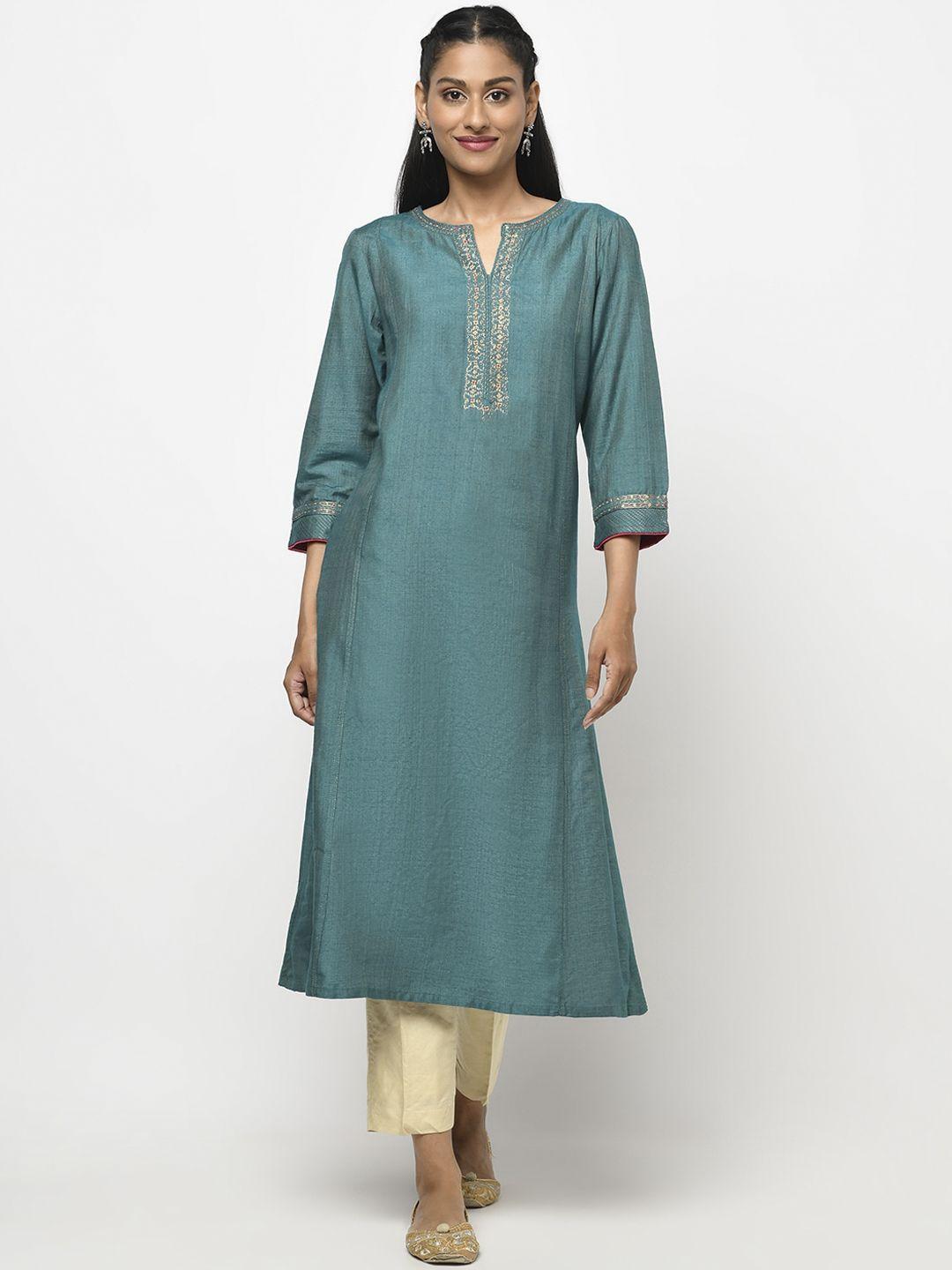 fabindia women teal thread work a-line kurta