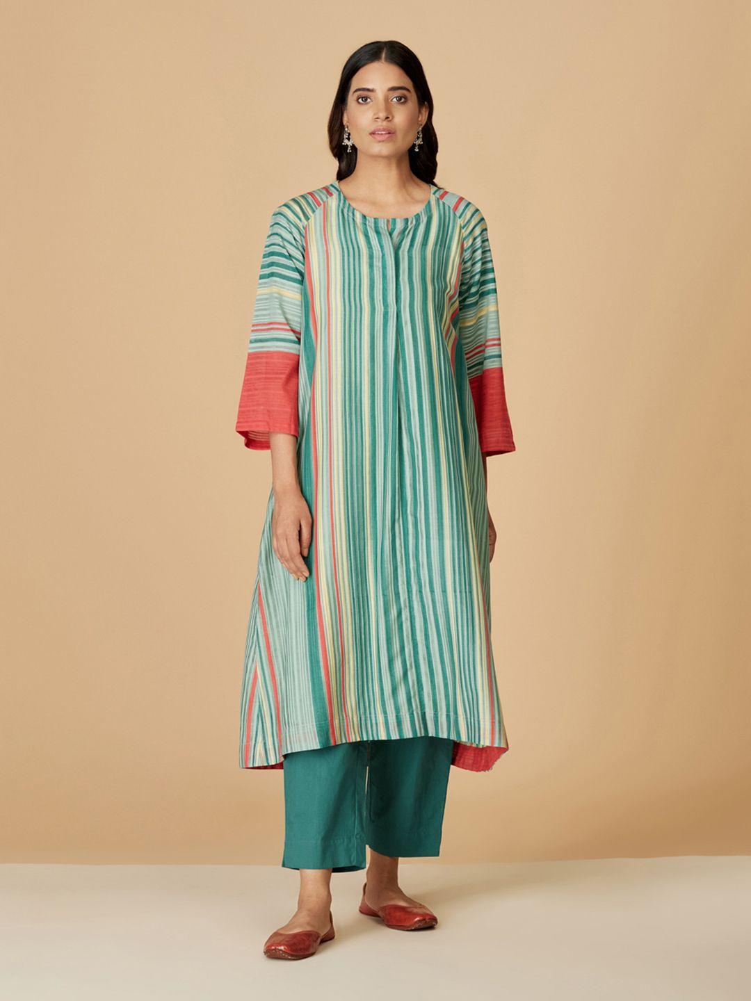 fabindia women turquoise blue & green cotton silk striped pleated kurta with trousers