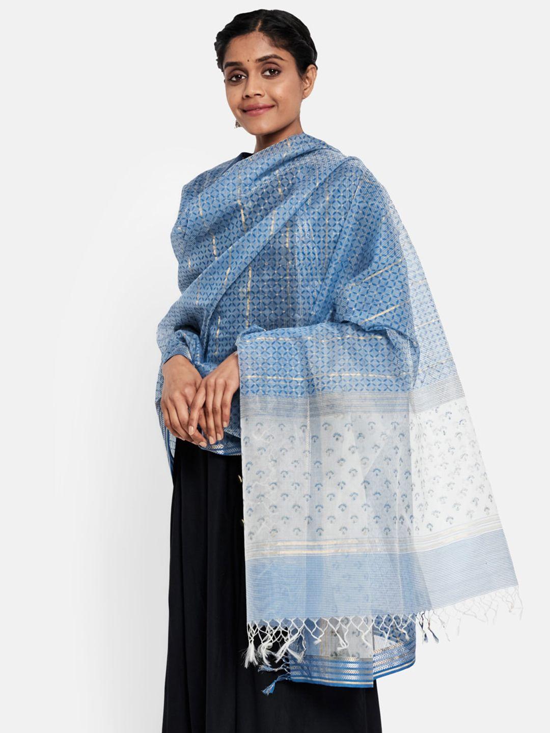 fabindia women turquoise blue cotton silk geometric printed dupatta