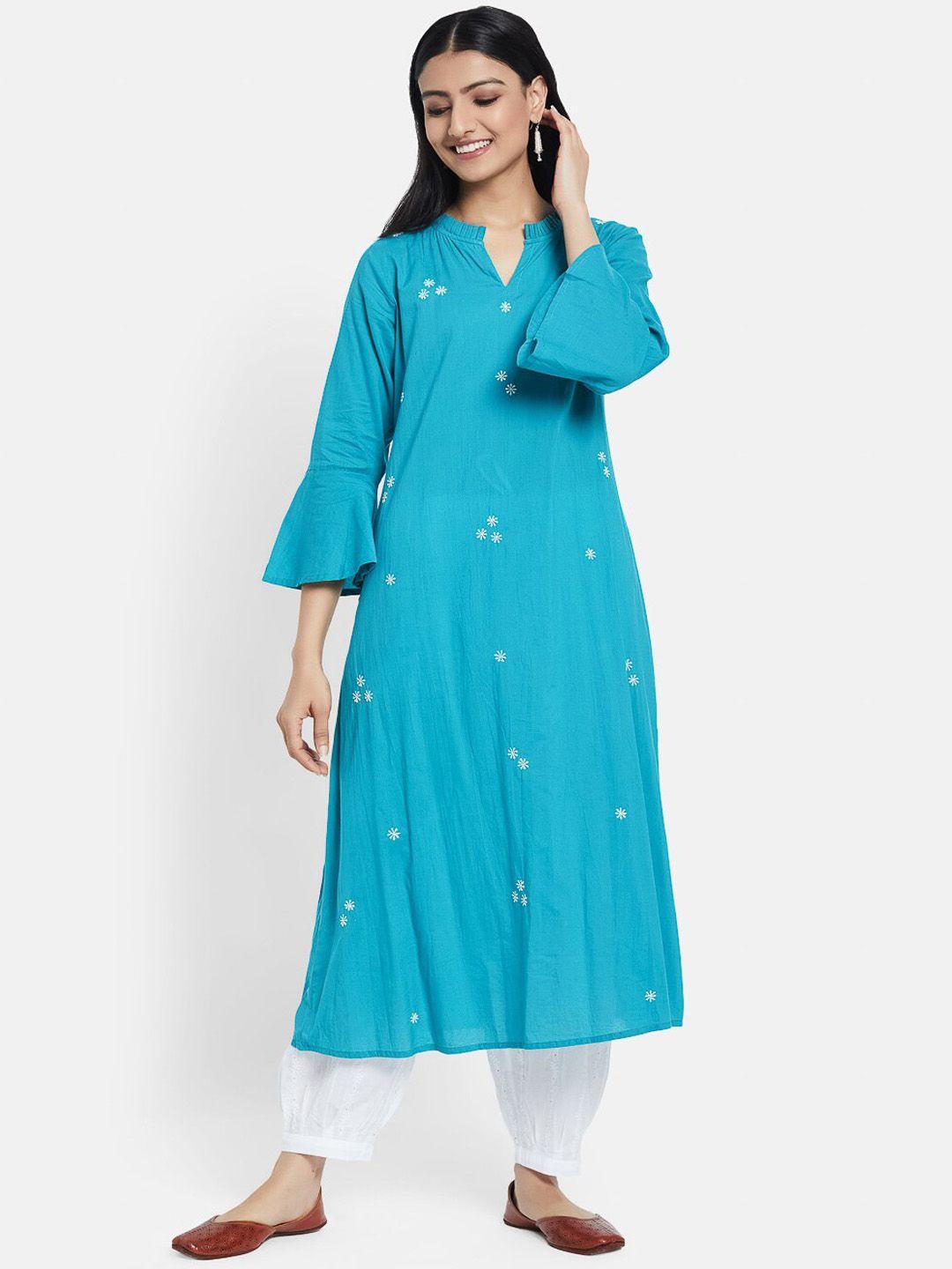 fabindia women turquoise blue floral embroidered flared sleeves cotton anarkali kurta