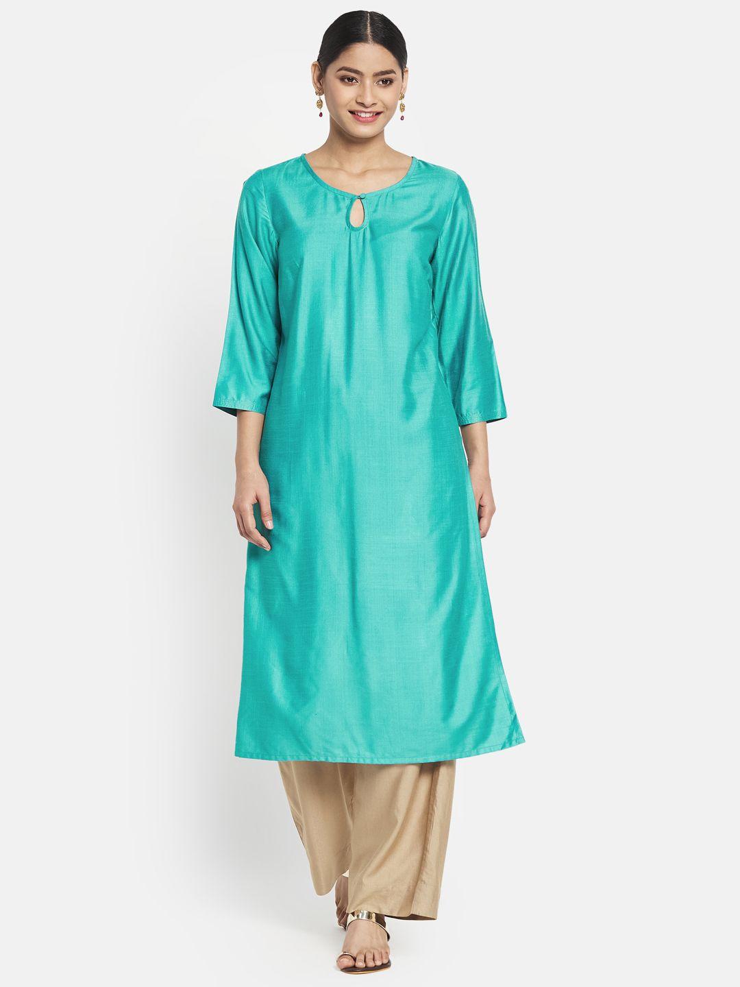 fabindia women turquoise blue solid keyhole neck kurta