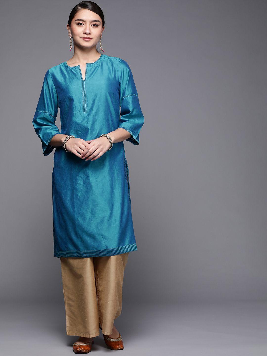 fabindia women turquoise blue solid straight kurta