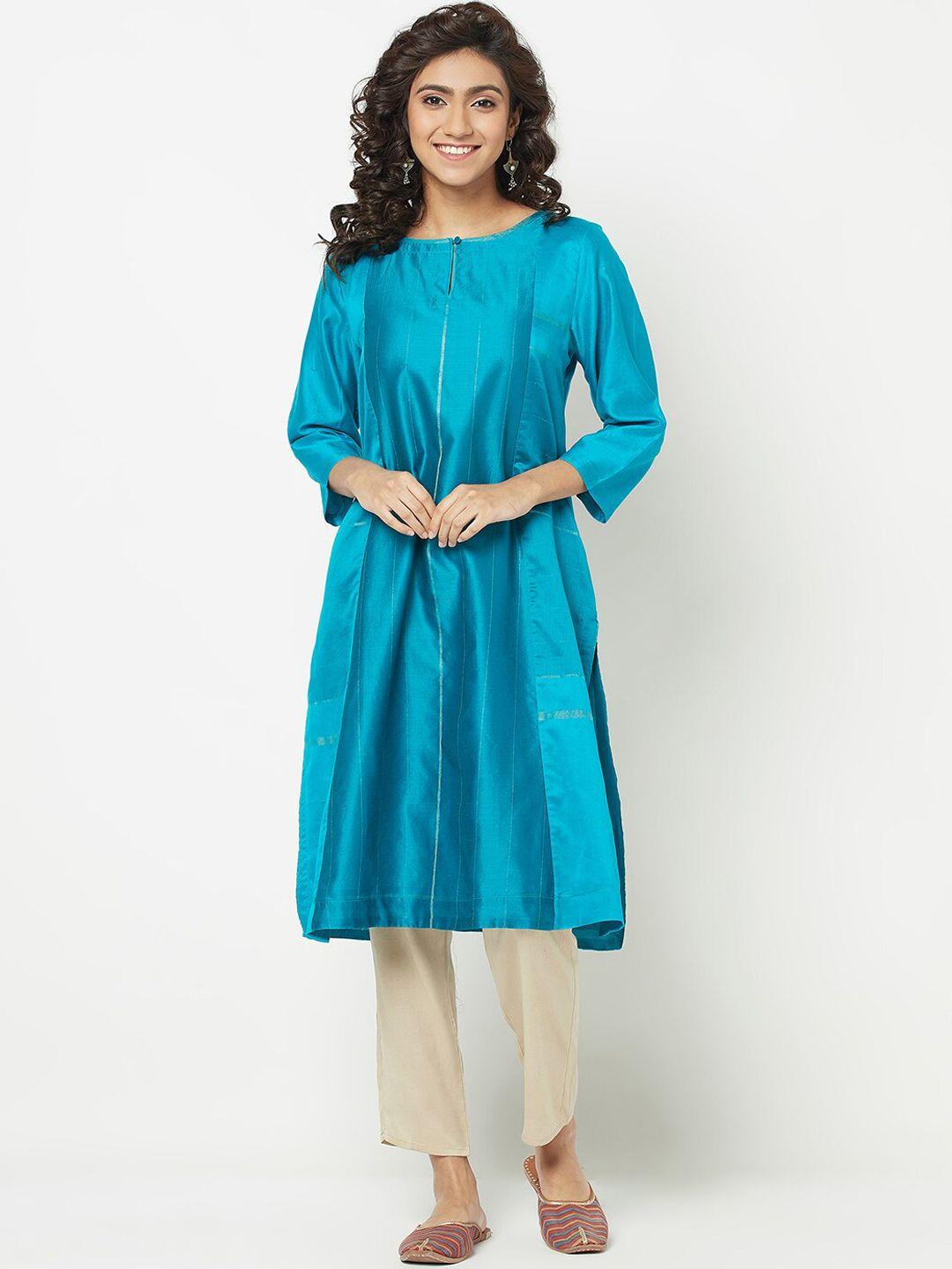 fabindia women turquoise blue striped a-line kurta