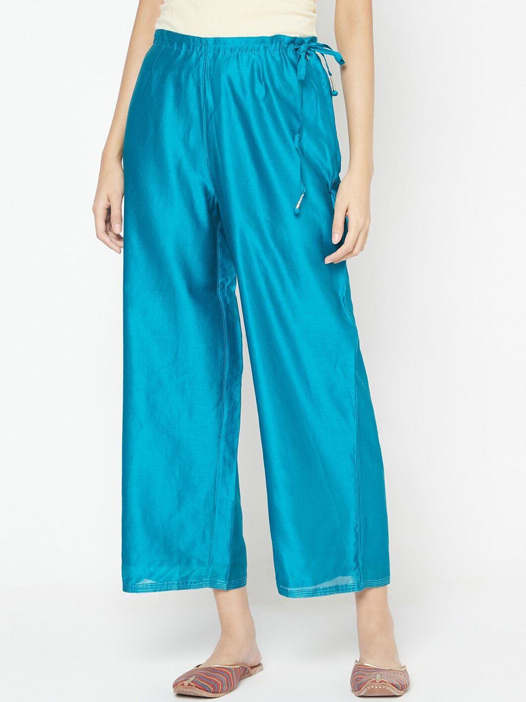 fabindia women turquoise blue waist tie up cotton trousers