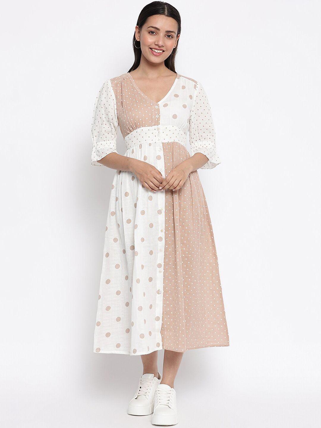 fabindia women white & beige cotton polka dot fit & flare dress