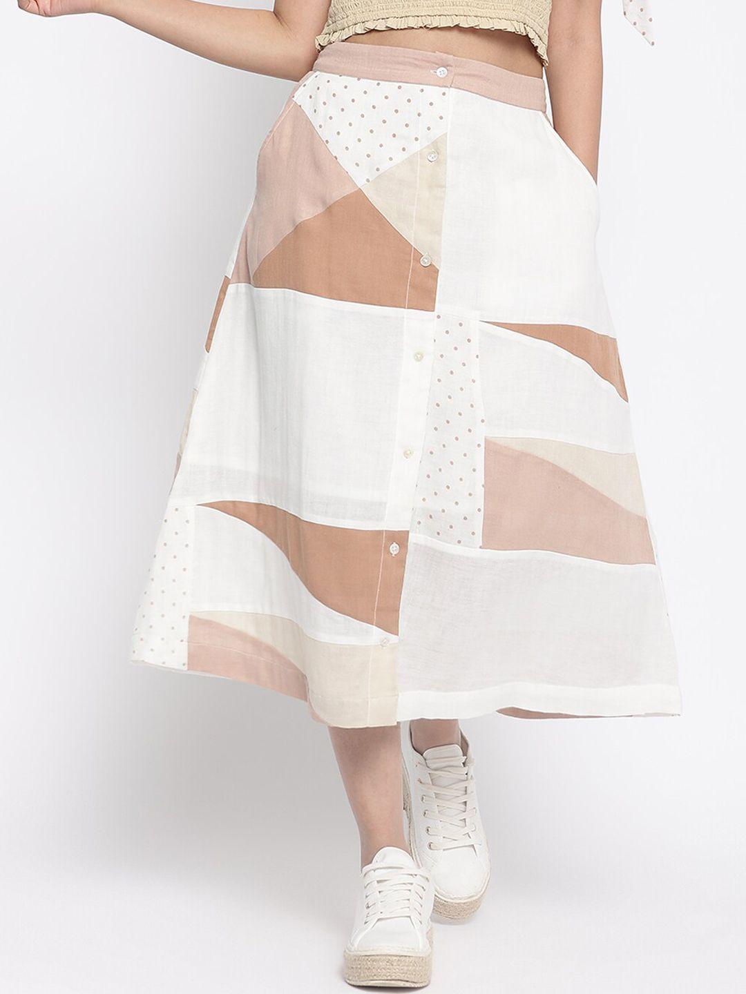 fabindia women white & beige printed cotton flared midi skirts