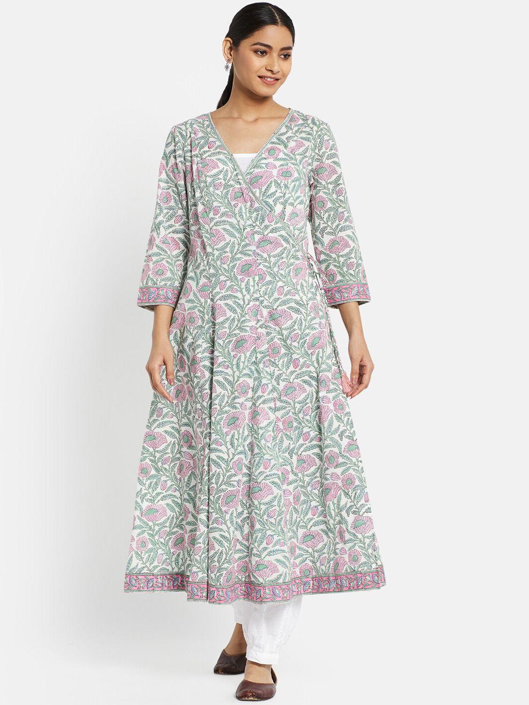 fabindia women white & green floral printed keyhole neck pure cotton anarkali kurta