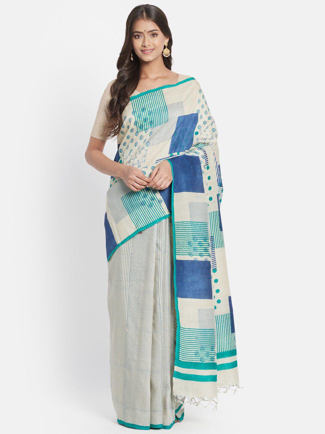 fabindia women white & green pure silk saree