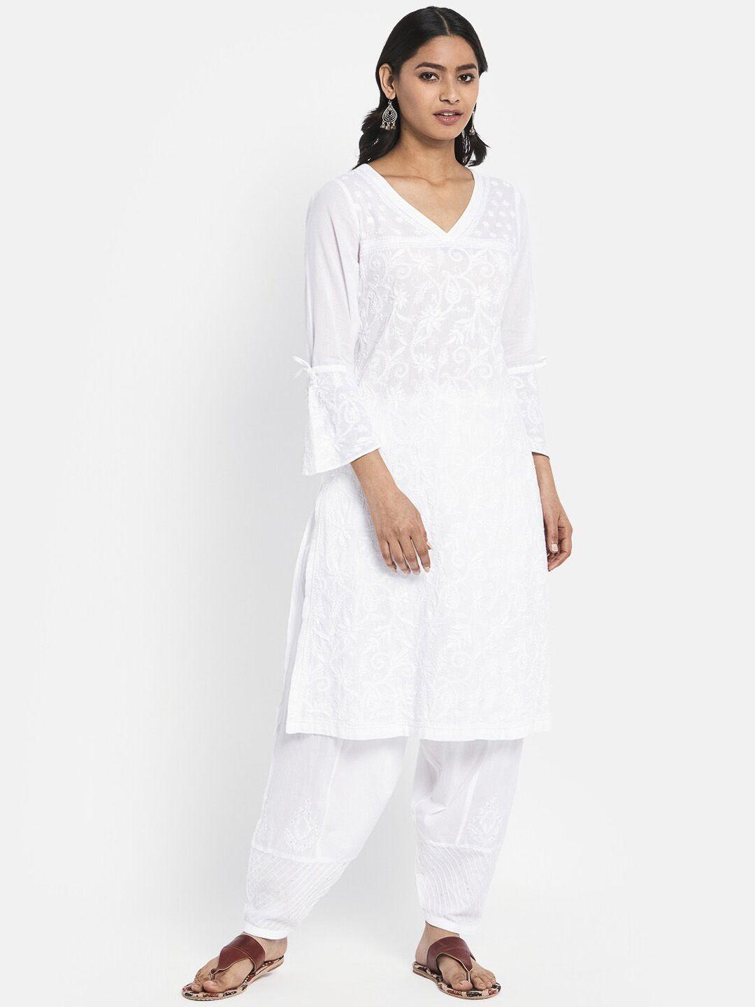 fabindia women white ethnic motifs embroidered chikankari kurta