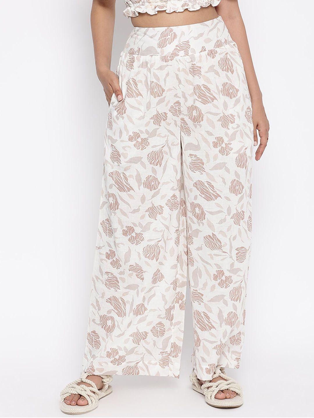 fabindia women white floral printed pleated cotton trousers