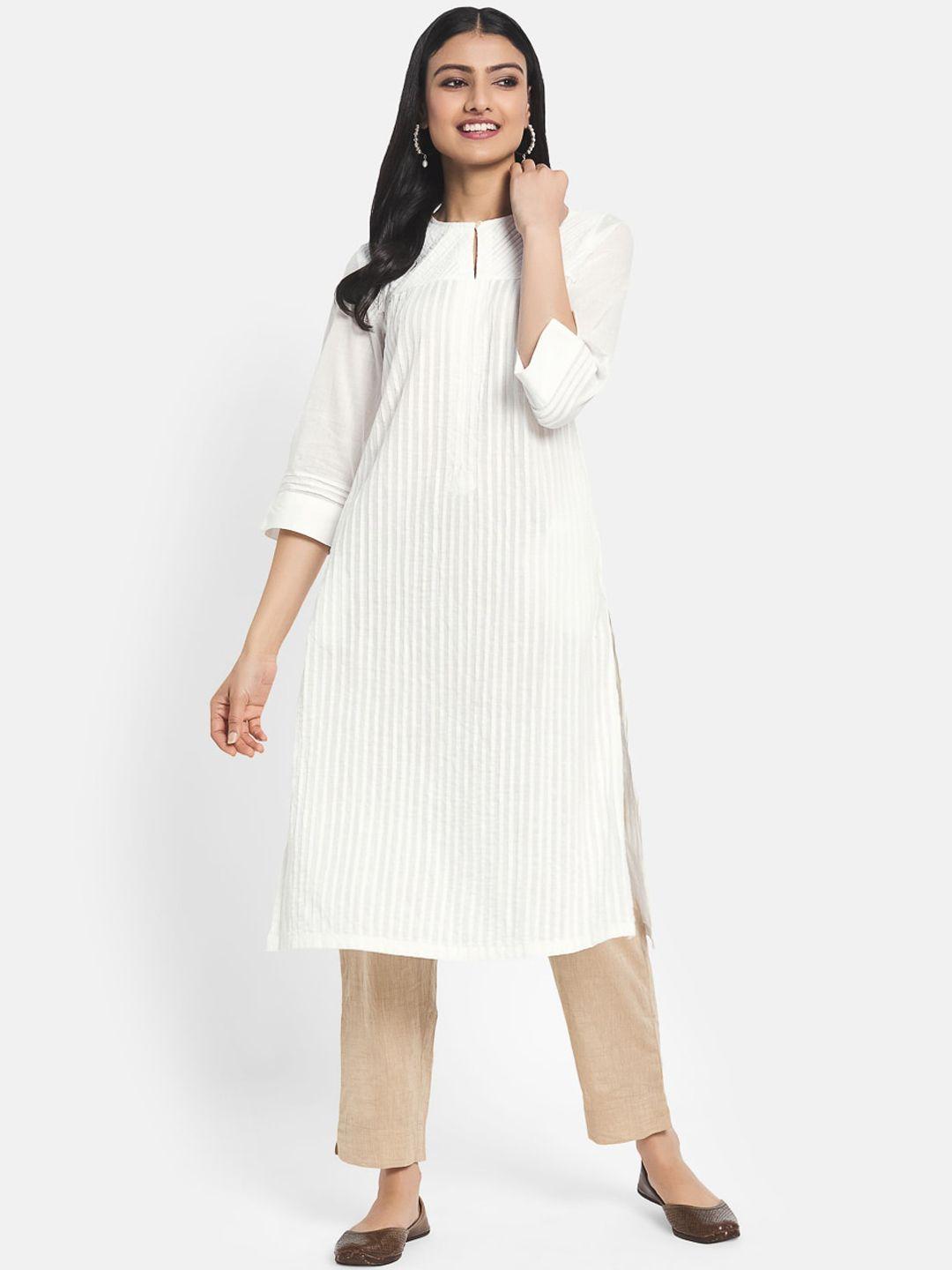 fabindia women white pin-tuck keyhole neck cotton a-line kurta