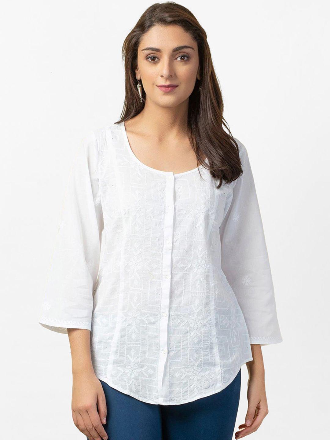 fabindia women white pure cotton chikankari embroidered top