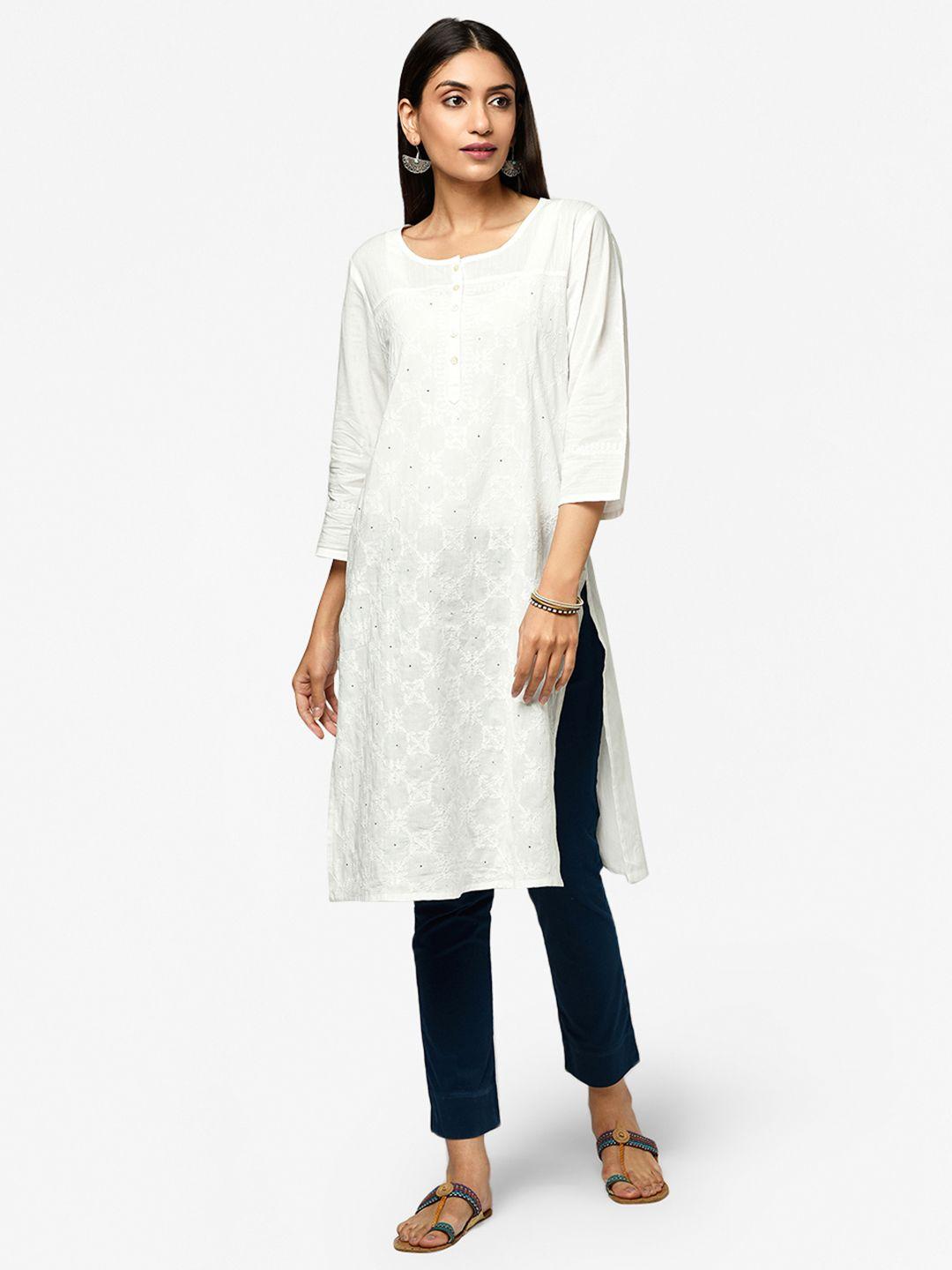 fabindia women white pure cotton ethnic motifs embroidered chikankari straight kurta