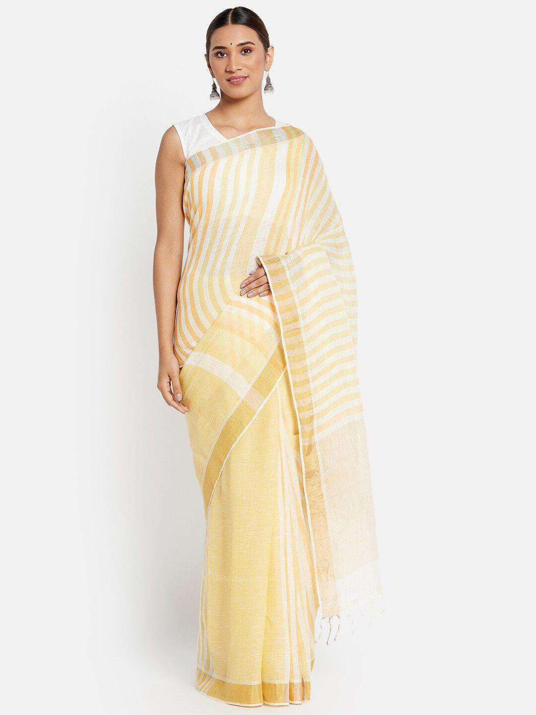 fabindia women yellow & cream-coloured woven design zari pure linen saree