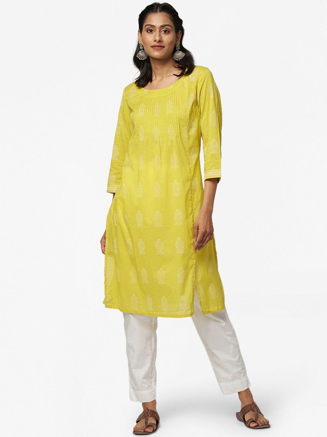 fabindia women yellow & off white pure cotton ethnic motifs printed fusion kurta