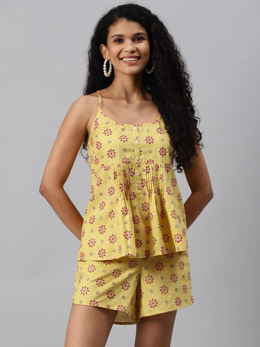 fabindia women yellow & red cotton hand block printed top with shorts