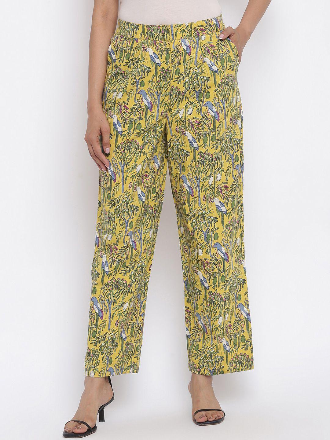 fabindia women yellow ethnic motifs cotton printed slim-fit casual trousers