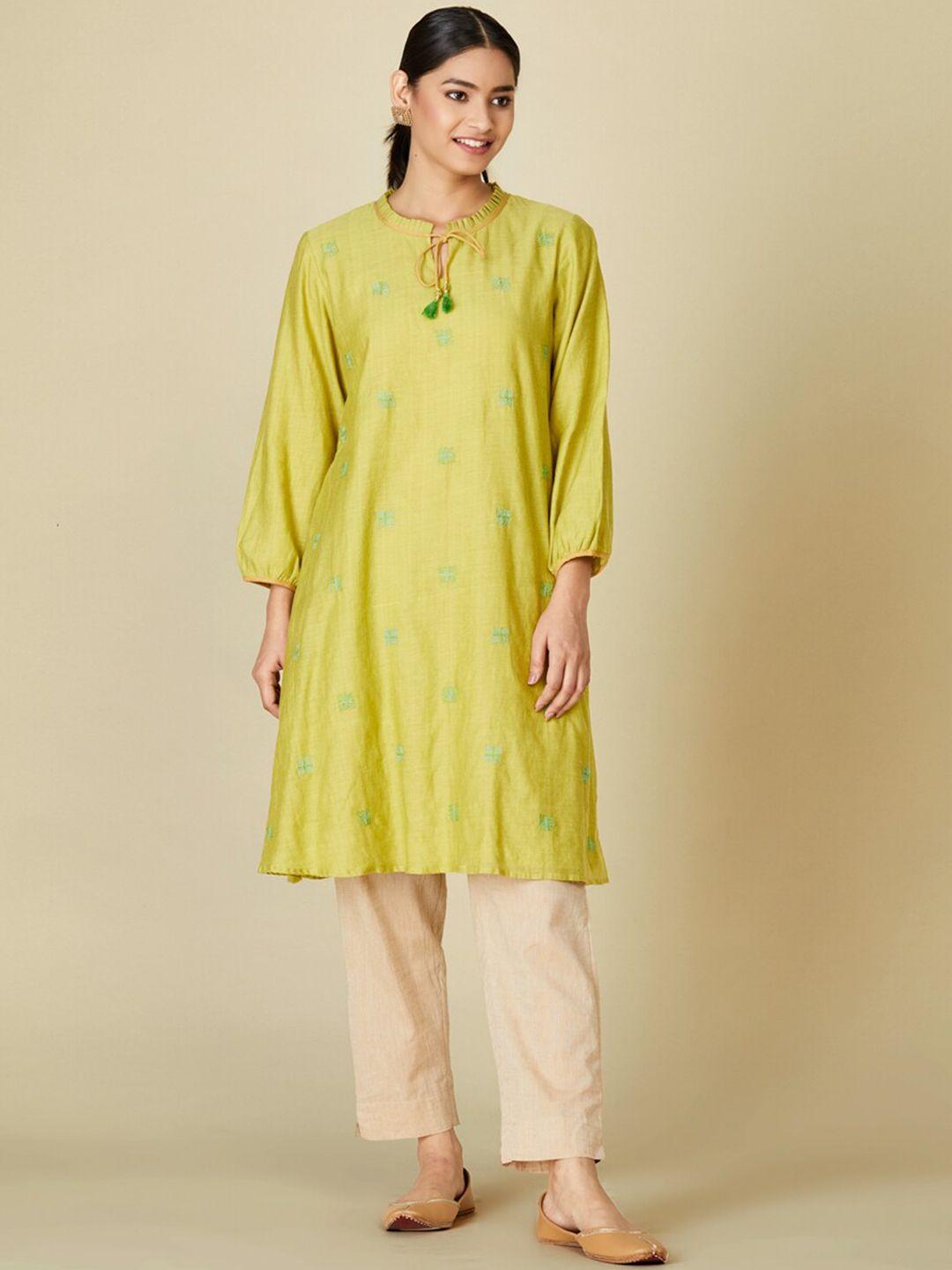 fabindia women yellow ethnic motifs embroidered kurta