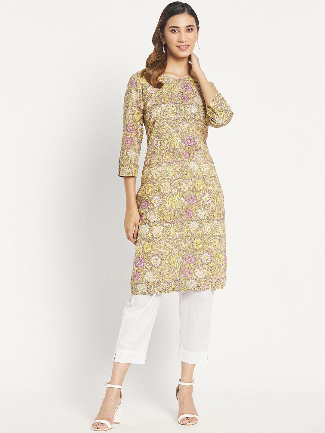 fabindia women yellow floral printed kurta