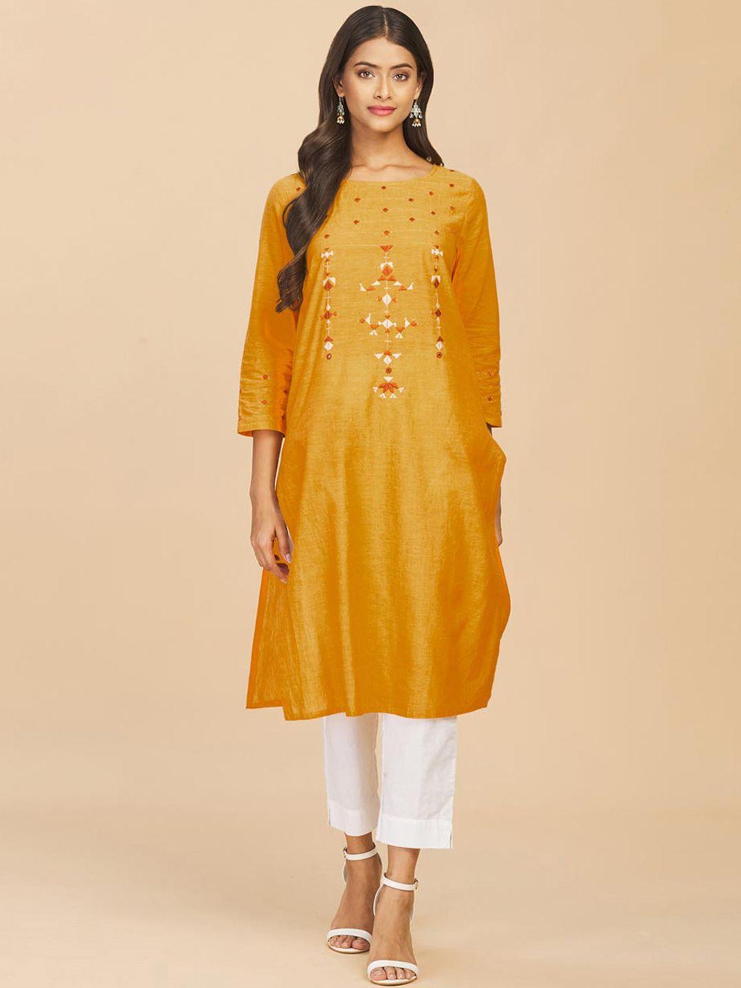 fabindia women yellow geometric embroidered cotton kurta