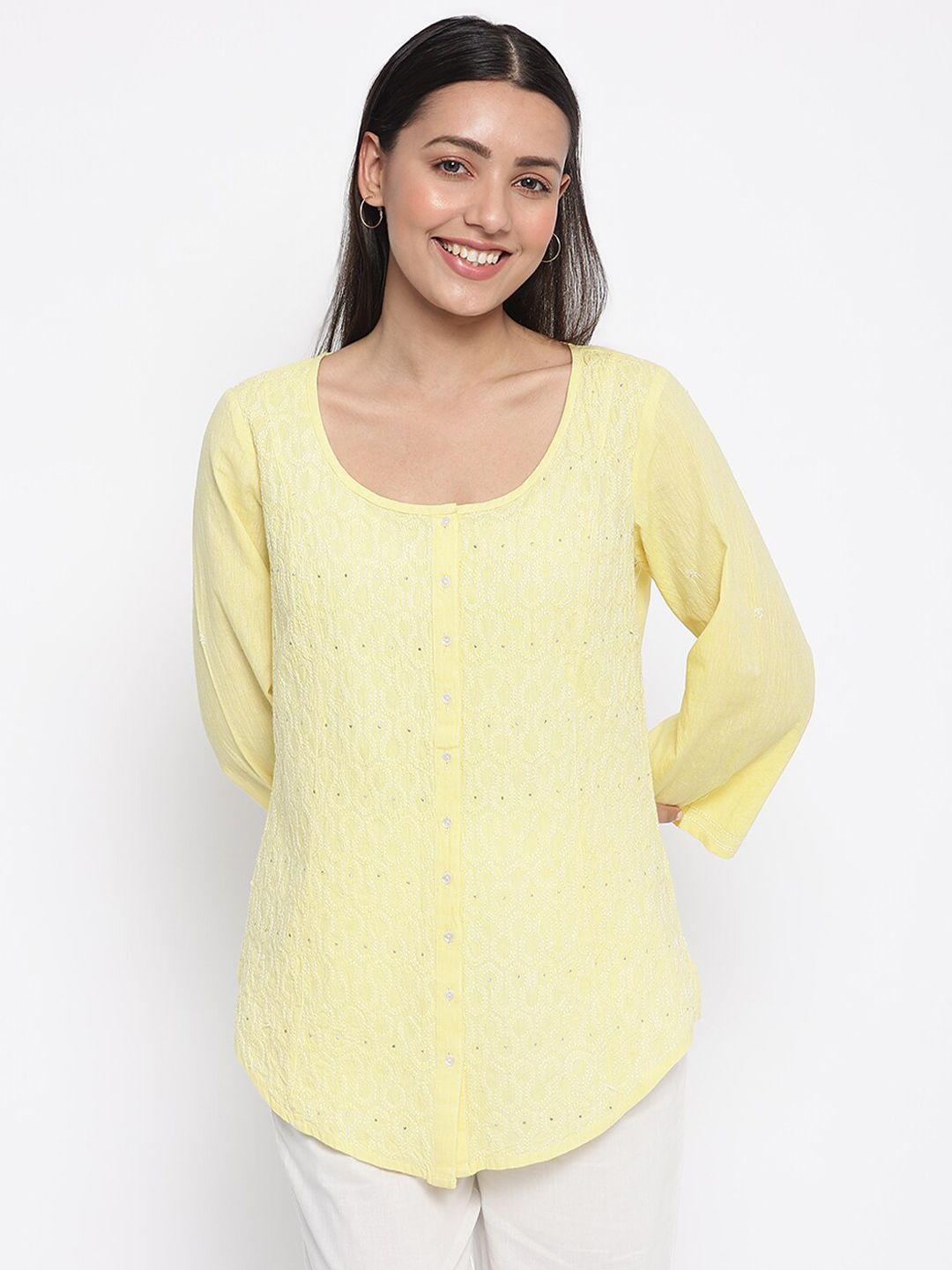 fabindia women yellow printed casual shirt