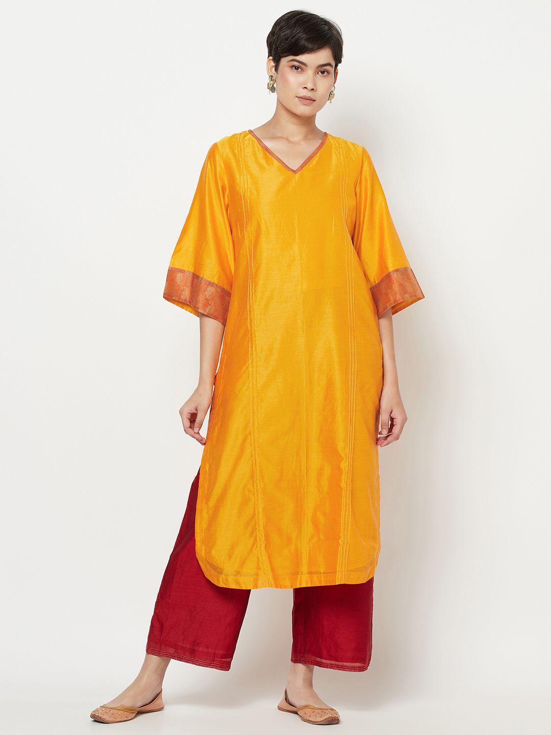 fabindia women yellow solid flared sleeves kurta
