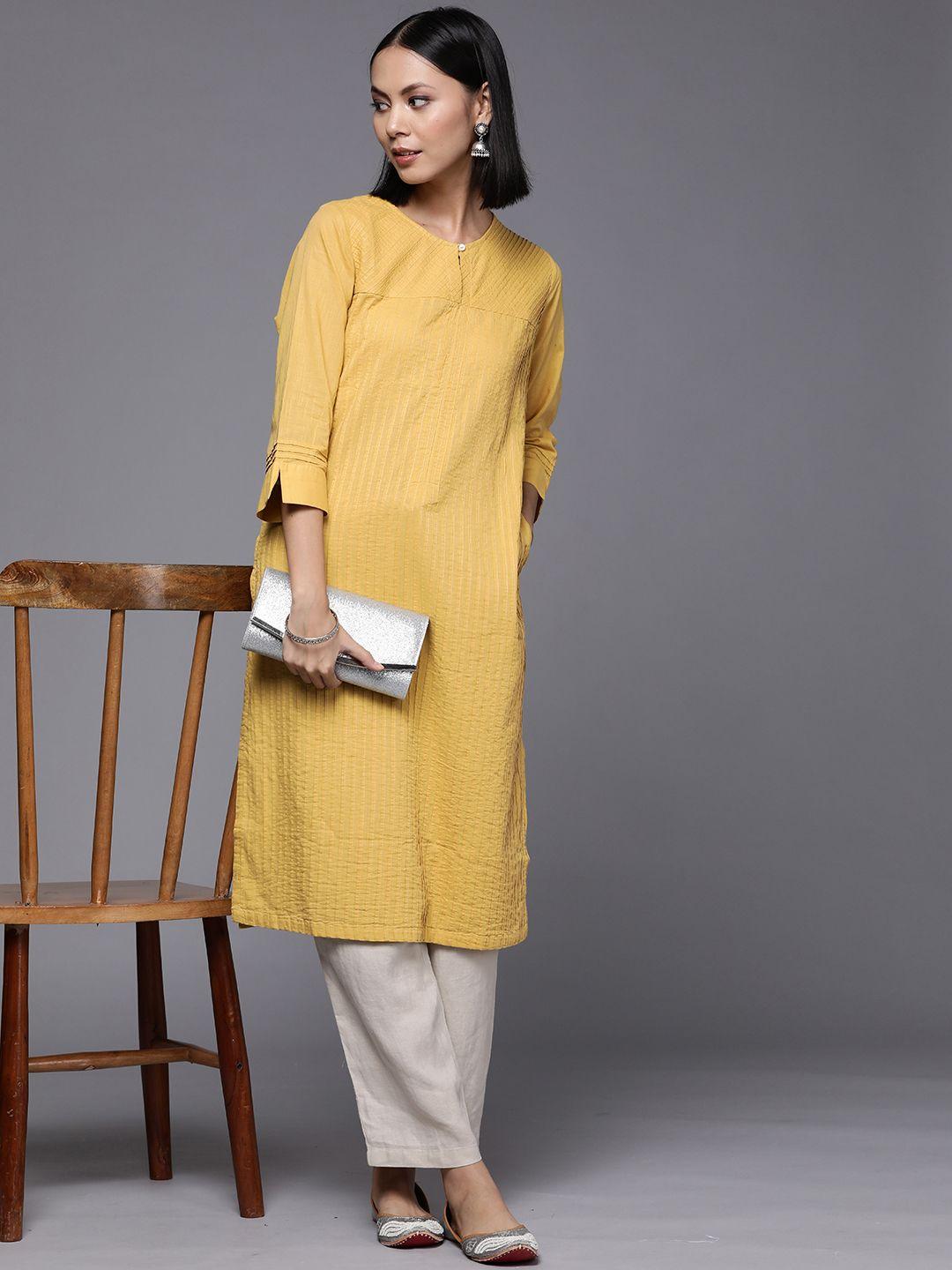 fabindia women yellow solid gathered & pleated pure cotton kurta