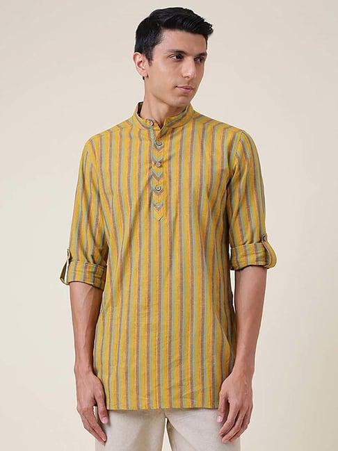 fabindia yellow & green cotton regular fit striped short kurta