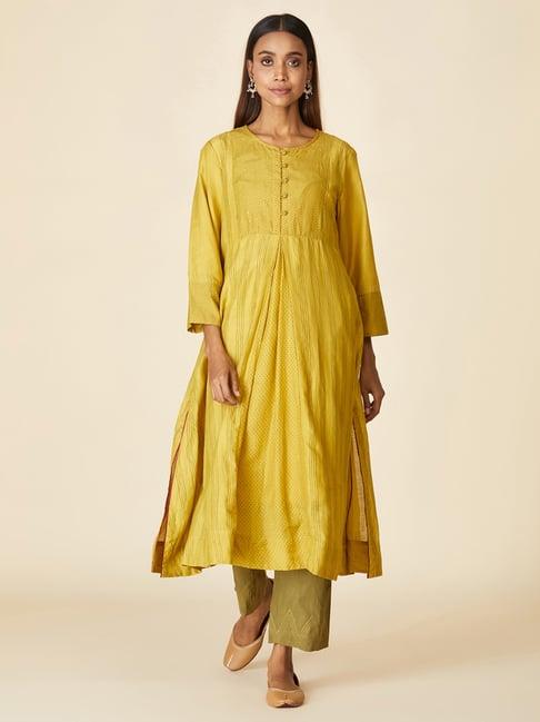 fabindia yellow & green embellished kurta palazzo set