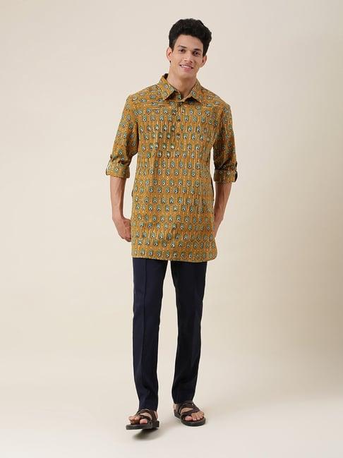 fabindia yellow & navy regular fit short kurta with trousers set