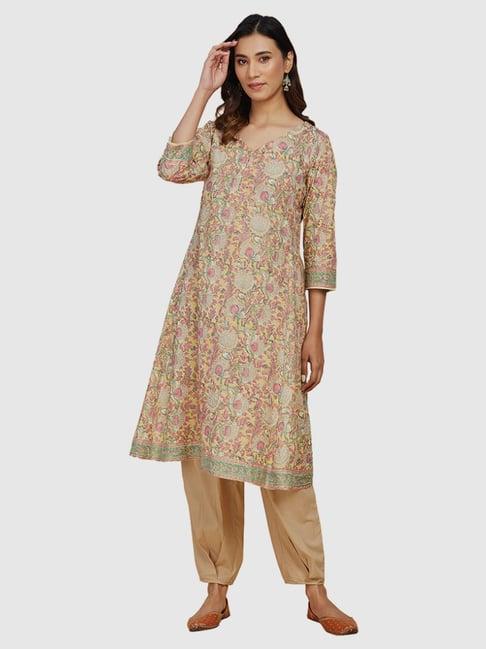 fabindia yellow & pink cotton floral print a line kurta