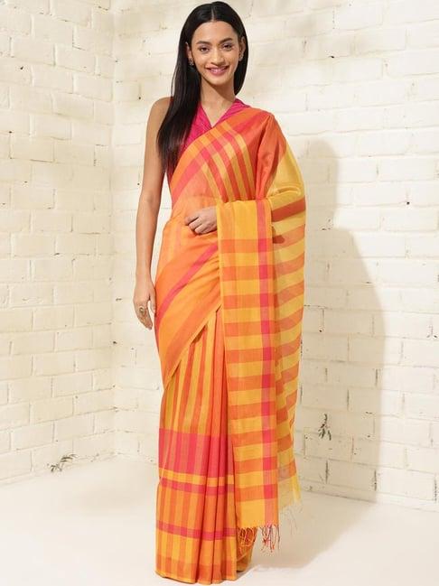 fabindia yellow & pink striped saree