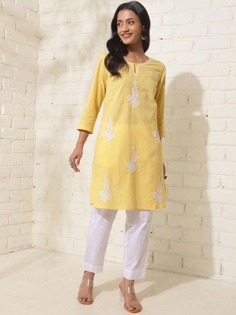 fabindia yellow cotton chikankari mid short kurta