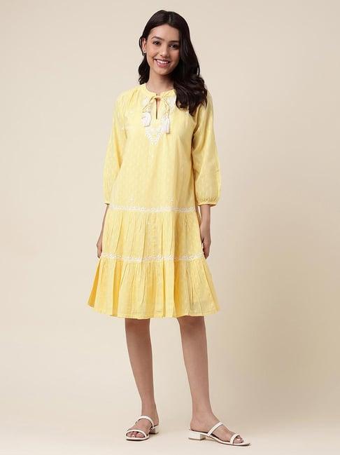 fabindia yellow cotton embroidered a-line dress with slip