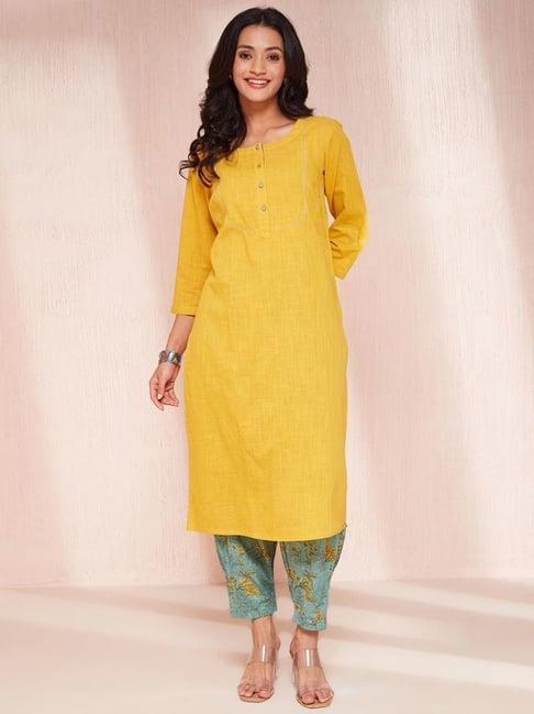 fabindia yellow cotton embroidered kurta & salwar set