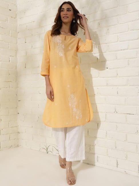 fabindia yellow cotton embroidered straight kurta