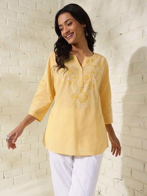 fabindia yellow cotton embroidered tunic