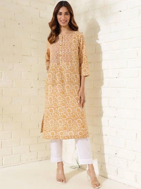 fabindia yellow cotton hand block printed long kurta