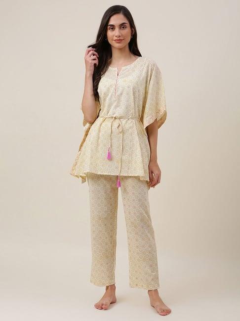 fabindia yellow cotton printed kaftan pyjama set