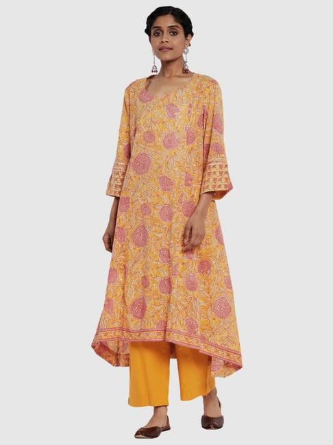 fabindia yellow cotton printed kurta palazzo set