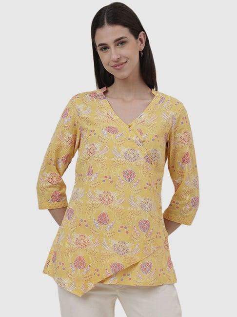 fabindia yellow cotton printed straight short kurti