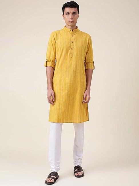 fabindia yellow cotton regular fit striped kurta