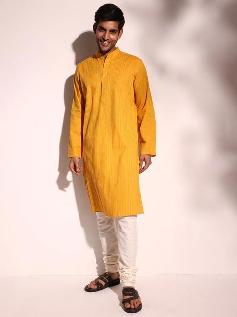 fabindia yellow cotton slim fit pintucks kurta