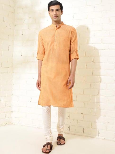 fabindia yellow cotton slim fit striped kurta