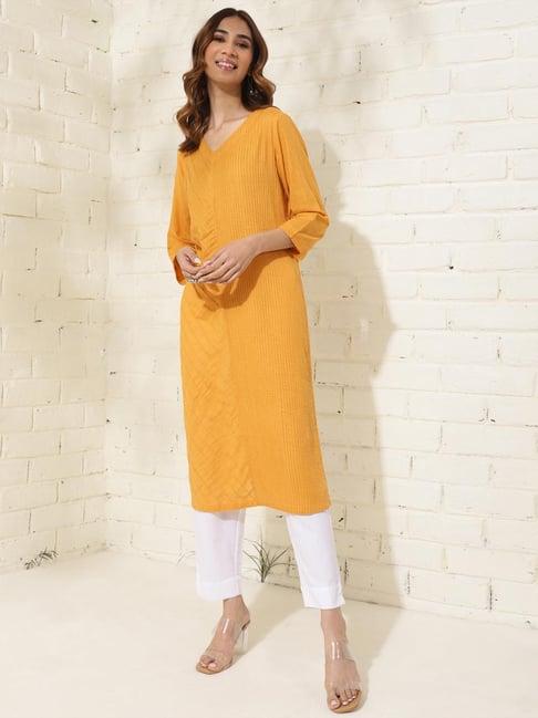 fabindia yellow cotton striped straight kurta