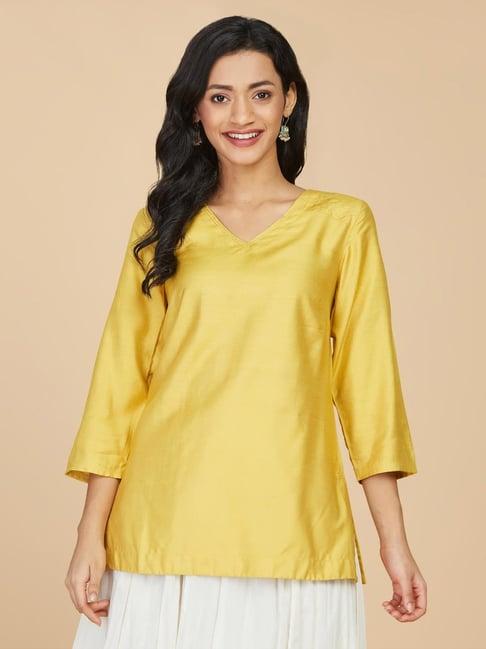 fabindia yellow embroidered straight kurti