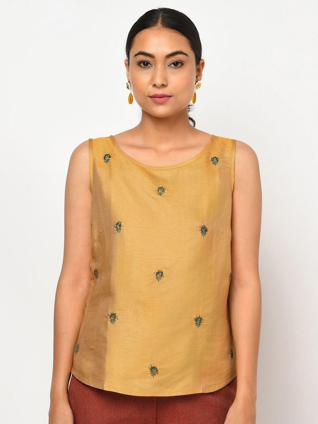 fabindia yellow floral embroidered regular top