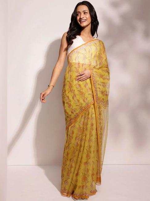 fabindia yellow floral print saree without blouse