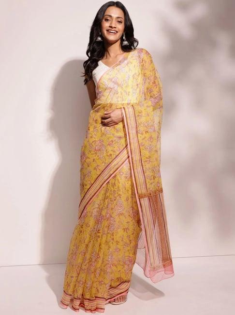 fabindia yellow floral print saree without blouse